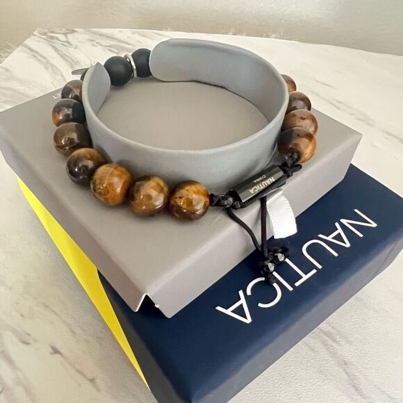 NAUTICA Tiger Eye Beaded Feather Charm‎ Bracelet, Uni Sex, Brown/Black, NWT - Picture 7 of 15